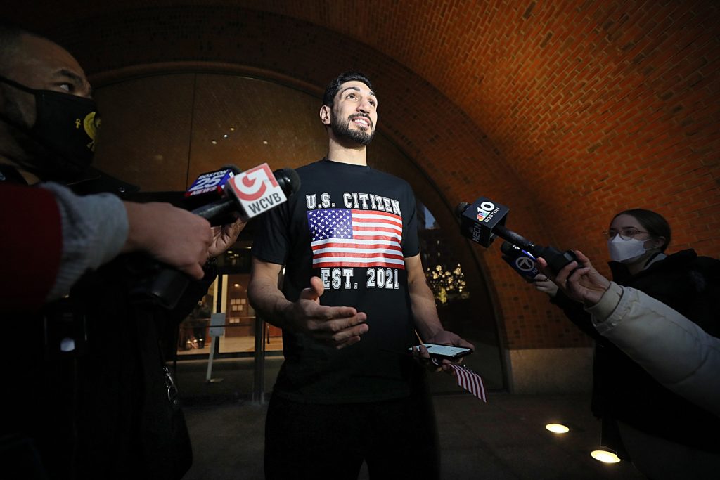 Boston, MA - November 29: Enes Kanter leaves the John Joseph Moakley United States Courthouse in Boston after he was sworn in as a U.S. citizen and legally changed his name to Enes Kanter Freedom on November 29, 2021. (Photo by Suzanne Kreiter/The Boston Globe via Getty Images)