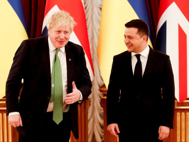 KYIV, UKRAINE - FEBRUARY 01: British Prime Minister Boris Johnson meets with Ukrainian President Volodymyr Zelenskiy at the presidential palace on February 1, 2022 in Kyiv, Ukraine. The prime minister will hold talks with President Volodymyr Zelenskyy in a show of support for Ukraine as 100,000 Russian troops amass on …