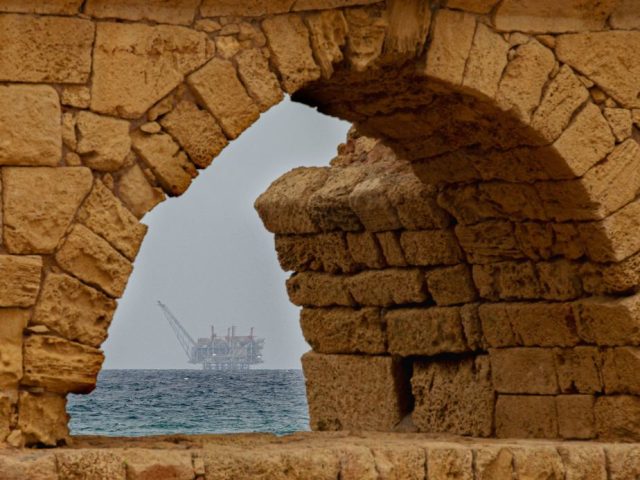 The platform of the Leviathan natural gas field in the Mediterranean Sea is pictured throu