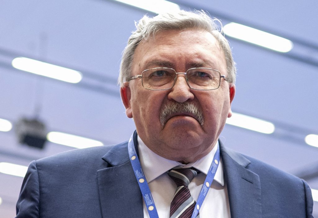 Russian Ambassador to the International Atomic Energy Agency (IAEA) Mikhail Ulyanov is seen prior to the start of the quaterly Board of Governors meeting at the IAEA headquarters in Vienna, on March 7, 2022. - The UN nuclear watchdog on March 6, 2022 expressed "deep concern" over reports that communication from Europe's largest nuclear power plant seized by Russia in Ukraine has been disrupted. (Photo by JOE KLAMAR / AFP) (Photo by JOE KLAMAR/AFP via Getty Images)