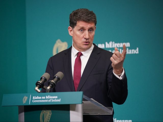 Minister for the Environment Climate and Communications Eamon Ryan speaks to the media at