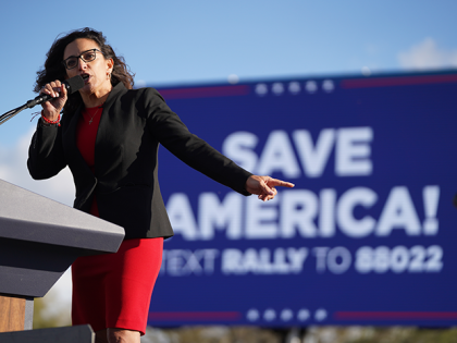 House of Representatives candidate Katie Arrington speaks to a crowd during a rally with former U.S. President Donald Trump at the Florence Regional Airport on March 12, 2022 in Florence, South Carolina. The visit by Trump is his first rally in South Carolina since his election loss in 2020. (Photo …