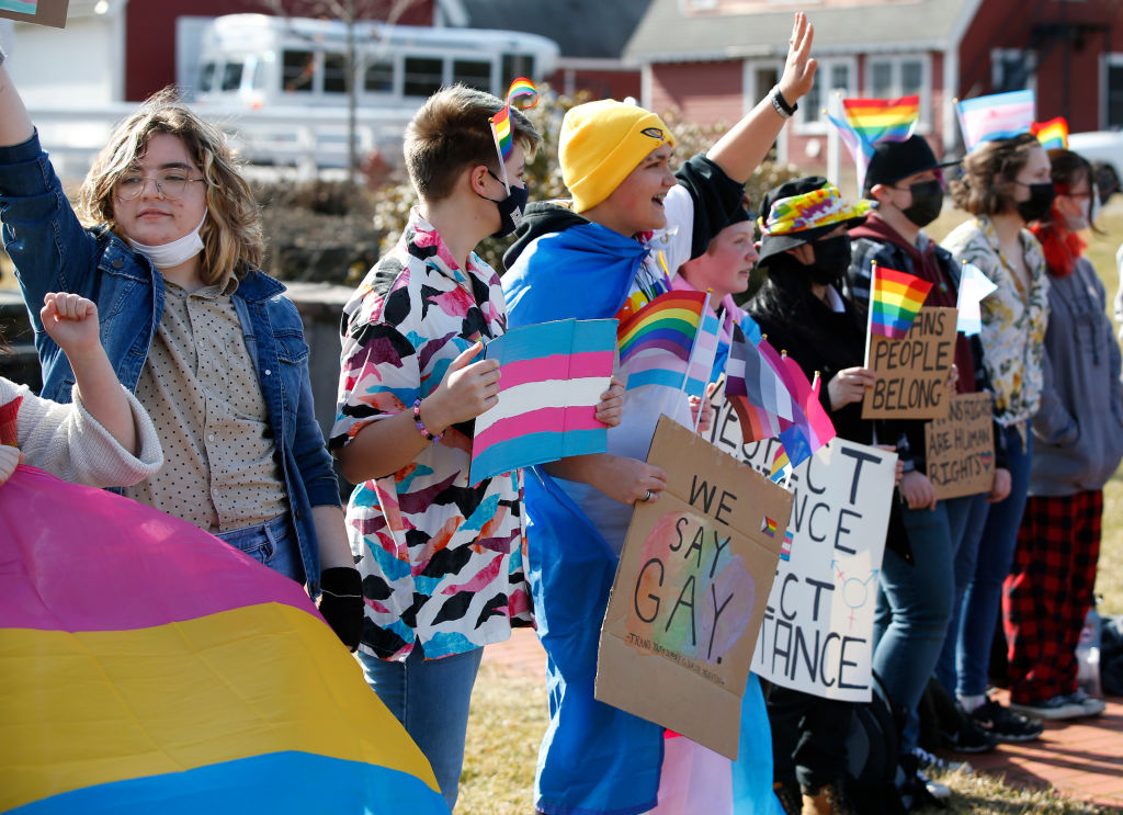 Walpole, MA - March 11: Students at the Norfolk County Agricultural High School participated in a Gay Student Alliance protest/rally in Walpole, MA on March 11, 2022. The event was held in conjunction with the school administration to support a nationwide student protest over  anti-LGBT government education plans in Florida and Texas. (Photo by Jonathan Wiggs/The Boston Globe via Getty Images)