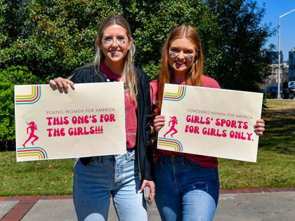 ATLANTA, GA - MARCH 17: Members of Young Women For America protest transgender swimmer Lia