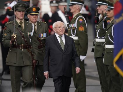 President Michael D Higgins during a ceremony to mark the anniversary of the 1916 Easter Rising at the GPO on O'Connell Street Dublin. Picture date: Sunday April 17, 2022. (Photo by Niall Carson/PA Images via Getty Images)