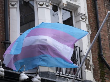 Transgender Pride flag in Soho on 10th April 2022 in London, United Kingdom. The transgender flag is a light blue, pink and white pentacolour pride flag representing the transgender community, organizations, and individuals. (photo by Mike Kemp/In Pictures via Getty Images)