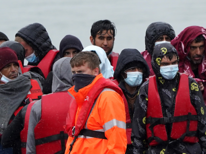 A group of people thought to be migrants are brought in to Dover, Kent, onboard a Border Force vessel, following a small boat incident in the Channel. Picture date: Monday May 23, 2022. (Photo by Gareth Fuller/PA Images via Getty Images)