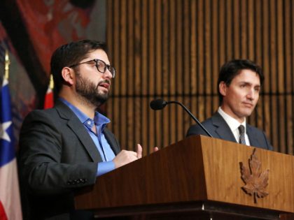 Canada's Prime Minister Justin Trudeau (R) and President of Chile Gabriel Boric participate in a joint news conference in Ottawa, Ontario, Canada, on June 6, 2022. (Photo by DAVE CHAN/AFP via Getty Images)