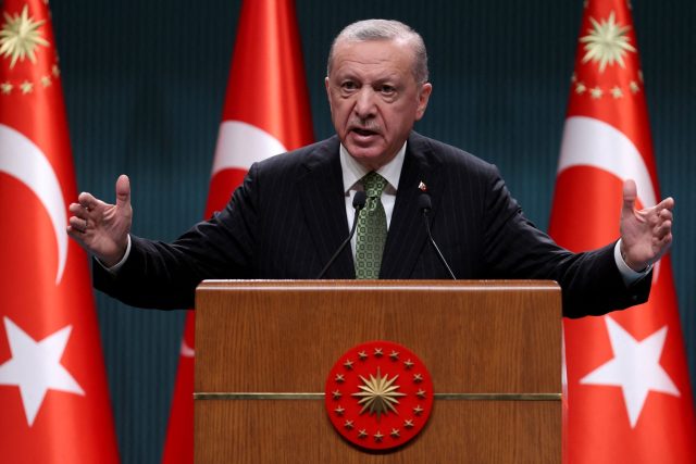 Turkish President Recep Tayyip Erdogan speaks during a press conference following the cabi