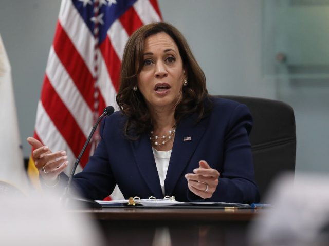 US Vice President Kamala Harris speaks during a meeting with faith leaders on reproductive