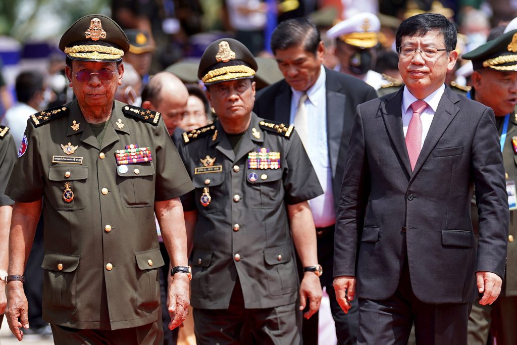 Cambodia's Defence Minister Tea Banh (L) and China's Ambassador to Cambodia Wang Wentian (R) take part in a groundbreaking ceremony at the Ream naval base in Preah Sihanouk province on June 8, 2022. (Photo by Pann Bony / AFP) (Photo by PANN BONY/AFP via Getty Images)