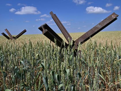 TOPSHOT - A photograph shows anti-tank obstacles on a wheat field at a farm in southern Ukraines Mykolaiv region, on June 11, 2022, amid the Russian invasion of Ukraine. (Photo by Genya SAVILOV / AFP) (Photo by GENYA SAVILOV/AFP via Getty Images)