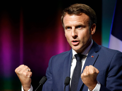 French President Emmanuel Macron delivers a speech during the opening of the Eurosatory land and airland defence and security trade fair, at the Paris-Nord Villepinte Exhibition Centre in Villepinte, north of Paris, on June 13, 2022. (Photo by Ludovic MARIN / POOL / AFP) (Photo by LUDOVIC MARIN/POOL/AFP via Getty …