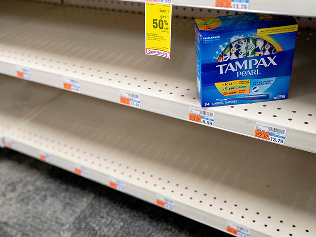 A box of Tampax Pearl tampons are seen on a shelf at a store in Washington, DC, on June 14, 2022. - Tampons have reportedly been in short supply in stores across the United States due to global supply chain issues, according to US media. (Photo by Stefani Reynolds / AFP) (Photo by STEFANI REYNOLDS/AFP via Getty Images)