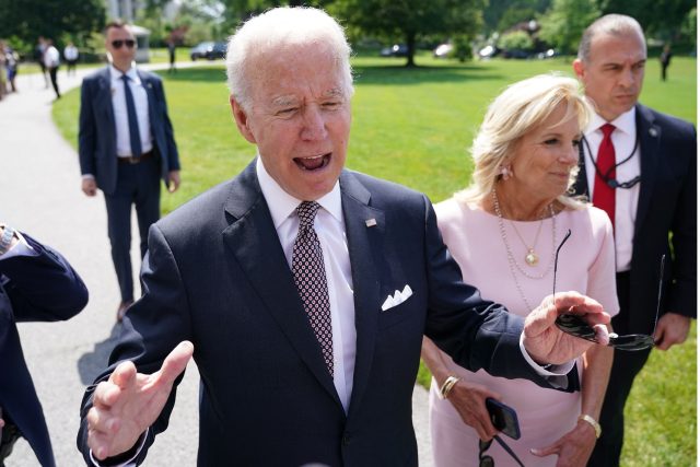 US President Joe Biden speaks to reporters before boarding Marine One from the South Lawn of the White House in Washington, DC on June 17, 2022. - The Bidens are spending the weekend in Rehoboth Beach, Delaware. (Photo by MANDEL NGAN / AFP) (Photo by MANDEL NGAN/AFP via Getty Images)