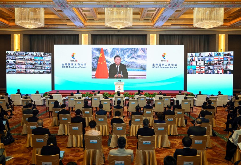Chinese President Xi Jinping delivers a keynote speech in virtual format at the opening ceremony of the BRICS Business Forum, June 22, 2022. (Photo by Yin Bogu/Xinhua via Getty Images)