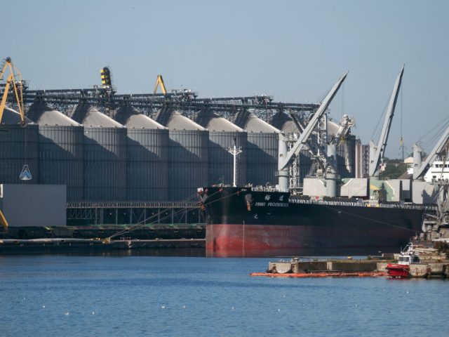 The Asian Prominence bulk carrier docked next to grain silos in the port of Constanta, Rom