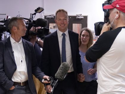 The Liberal Democrats' by-election candidate Richard Foord is interviewed by the media as he arrives with his wife Kate at the Lords Meadow Leisure Centre, in Crediton, Devon for the result of the Tiverton and Honiton by-election, which was triggered by the resignation of MP Neil Parish for watching pornography …