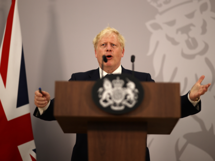 KIGALI, RWANDA - JUNE 24: British Prime Minister Boris Johnson speaks at a press conference during the Commonwealth Heads of Government Meeting at Lemigo Hotel on June 24, 2022 in Kigali, Rwanda. Leaders of Commonwealth countries meet every two years for the Commonwealth Heads of Government Meeting (CHOGM), hosted by …