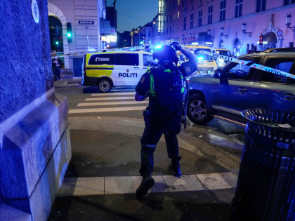 Police secure the area after a shooting in Oslo on June 25, 2022. - Two people were killed