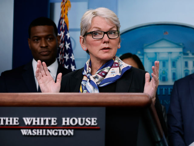 WASHINGTON, DC - MAY 16: Energy Secretary Jennifer Granholm (C) speaks during a news conference marking six months since the signing of the bipartisan infrastructure bill with (L-R) Environmental Protection Agency Administrator Michael Regan, National Economic Council Director Brian Deese and Transportation Secretary Pete Buttigieg in the Brady Press Briefing Room at the White House on May 16, 2022 in Washington, DC. The Biden Administration cabinet members highlighted what they considered the successes of the infrastructure law. (Photo by Chip Somodevilla/Getty Images)