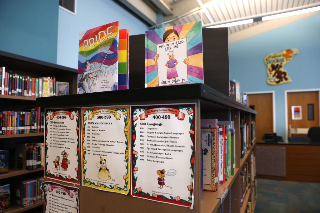 RICHMOND, CALIFORNIA - MAY 17:  Newly donated LGBTQ+ books are displayed in the library at Nystrom Elementary School on May 17, 2022 in Richmond, California. California State Superintendent of Schools Tony Thurmond celebrated the donation of thousands of LGBTQ+ books from Gender Nation to 234 elementary schools in nine California districts. (Photo by Justin Sullivan/Getty Images)