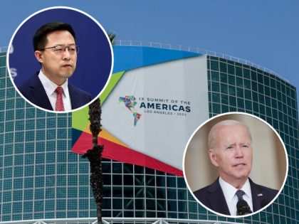 LOS ANGELES, CALIFORNIA - JUNE 06: A banner for the Ninth Summit of the Americas hangs on the Los Angeles Convention Center on June 06, 2022 in Los Angeles, California. Leaders from North, Central and South America will travel to Los Angeles for the summit to discuss issues such as …