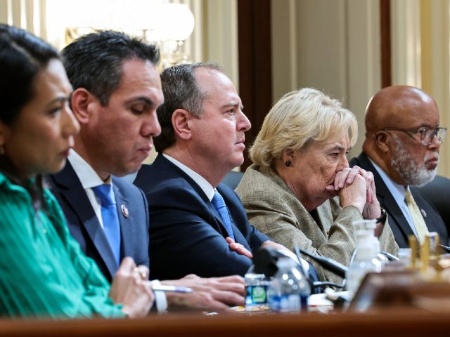 WASHINGTON, DC - JUNE 09: (L-R) U.S. Rep. Stephanie Murphy (D-FL), Rep. Peter Aguilar (D-CA), Rep. Adam Schiff (D-CA), Rep. Zoe Lofgren (D-CA), and Rep. Bennie Thompson (D-MS), Chair of the Select Committee to Investigate the January 6th Attack on the U.S. Capitol, listen during a hearing held to investigating …