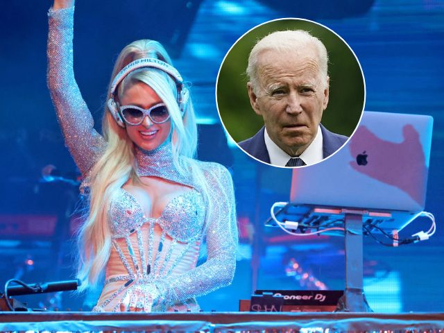 (INSET: Joe Biden) Paris Hilton performs with Christina Aguilera onstage during LA Pride's