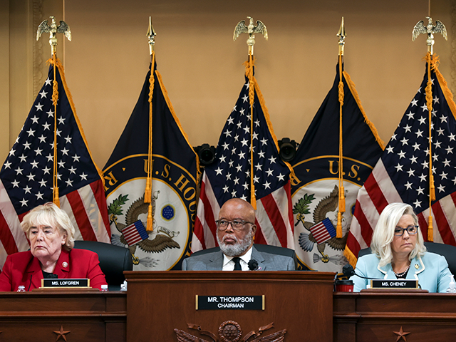 U.S. Rep. Zoe Lofgren (D-CA) (L), Rep. Bennie Thompson (D-MS), Chairman of the Select Committee to Investigate the January 6th Attack on the U.S. Capitol, and Vice Chairwoman Rep. Liz Cheney (R-WY), listen during a hearing on the January 6th investigation in the Cannon House Office Building on June 13, …