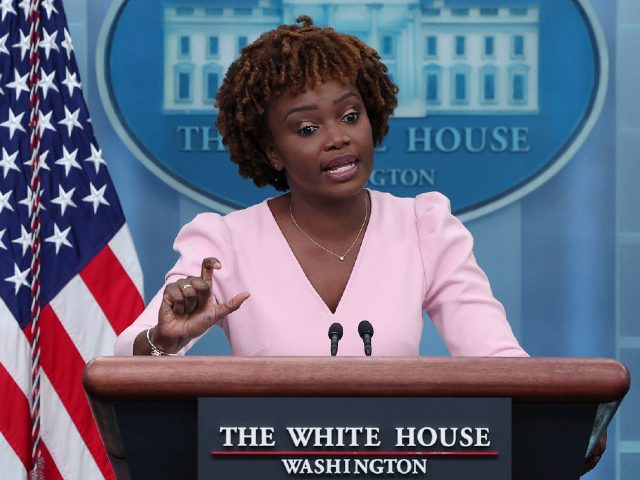 WASHINGTON, DC - JUNE 13: White House press secretary Karine Jean-Pierre answers questions during the daily briefing at the White House June 13, 2002 in Washington, DC. Jean-Pierre answered a range of questions during the briefing related to proposed gun reform legislation, and a planned trip to Saudi Arabia and …