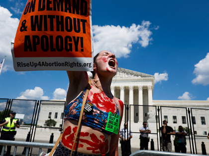 Abortion-rights activist Caroline Rhodes protests in front of the Supreme Court building following the announcement to the Dobbs v Jackson Women's Health Organization ruling on June 25, 2022 in Washington, DC. The Court's decision in the Dobbs v Jackson Women's Health case overturns the landmark 50-year-old Roe v Wade case, …