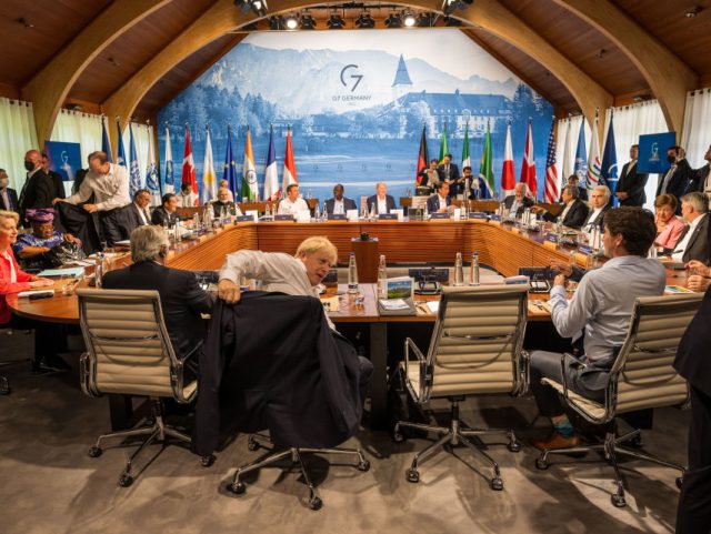 GARMISCH-PARTENKIRCHEN, GERMANY - JUNE 27: German Chancellor Olaf Scholz (C-R) hosts the plenary sessions Outreach on the second day of the three-day G7 summit at Schloss Elmau on June 27, 2022 near Garmisch-Partenkirchen, Germany. Leaders of the G7 group of nations are officially coming together under the motto: "progress towards …