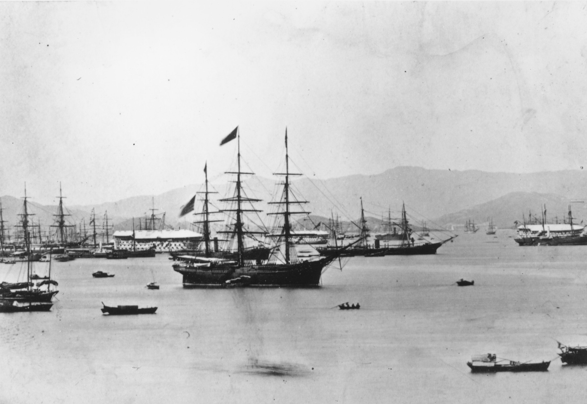1860: A sailing ship in Victoria harbour, Hong Kong , surrounded by other boats. (Photo by Hulton Archive/Getty Images)