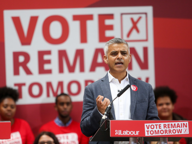 Sadiq Khan, mayor of London, speaks at a "Labour In For Britain" pro-remain campaign event