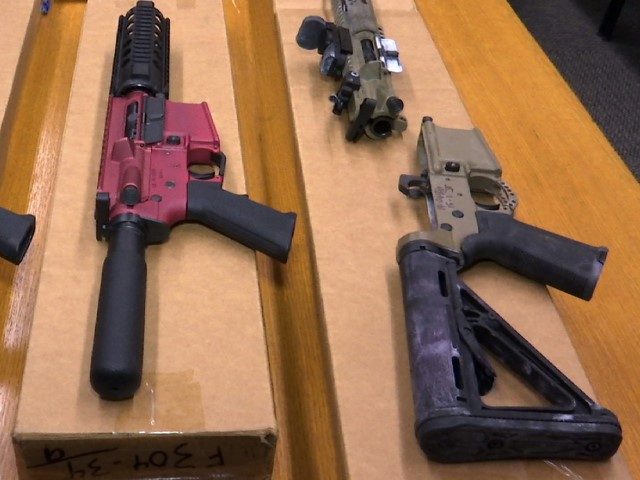 FILE - This Nov. 27, 2019, file photo shows "ghost guns" on display at the headquarters of the San Francisco Police Department in San Francisco. A federal appeals court in San Francisco has ruled that plans for 3D-printed, self-assembled "ghost guns" can be posted online without U.S. State Department approval. …