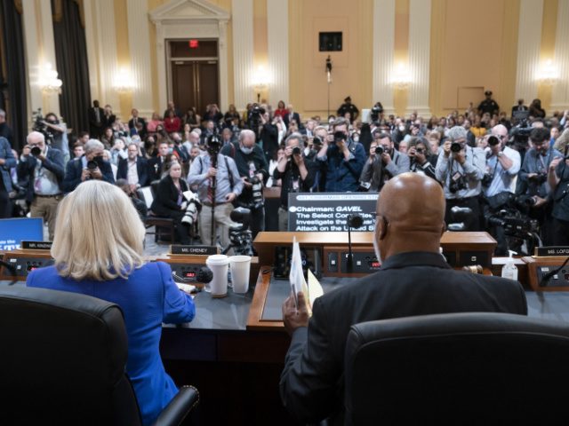 Representative Bennie Thompson, a Democrat from Mississippi and chairman of the House Select Committee to Investigate the January 6th Attack on the US Capitol, right, and Representative Liz Cheney, a Republican from Wyoming, during a hearing in Washington, D.C., US, on Thursday, June 9, 2022. A year and a half …