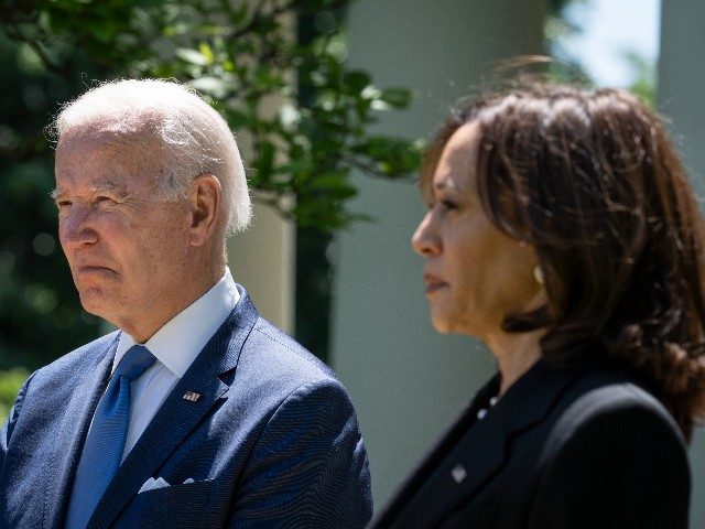 U.S. President Joe Biden and Vice President Kamala Harris listen to speakers during an event on high speed internet access for low-income Americans, in the Rose Garden of the White House May 9, 2022 in Washington, DC. The Biden administration announced on Monday that it will partner with internet service …