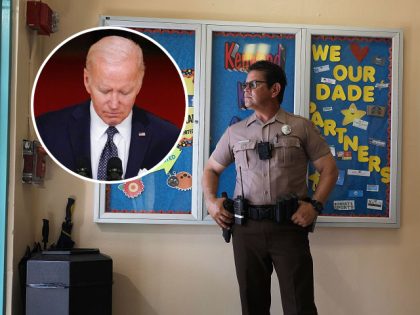 Germany Alech, a Miami-Dade Police officer, stands guard at the front entrance to the Kenwood K-8 Center on August 24, 2018 in Miami, Florida. (Joe Raedle/Getty Images) President Joe Biden speaks about the latest round of mass shootings, from the East Room of the White House in Washington, Thursday, June …