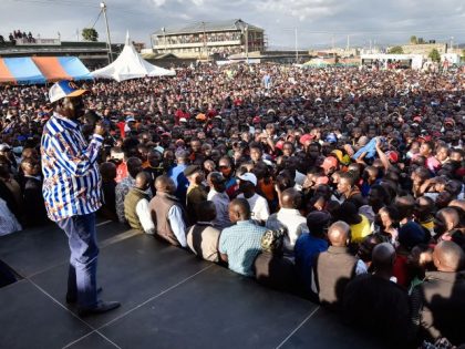 Azimio coalition party's Raila Odinga speaks to supporters on a stage during his rally after being officially nominated as a Presidential candidate by Independent Electoral and Boundaries Commission (IEBC) in Nakuru on June 5, 2022, ahead of next August presidential elections in Kenya. (Photo by Suleiman MBATIAH / AFP) (Photo …