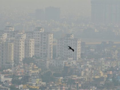 A bird flies through the heavy smog in Kolkata, India, 18 December, 2021. Today's AQI (Air