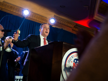 Garden City, N.Y.: Republican Party nominee for New York State Governor, Lee Zeldin, speaks at the party's convention in Garden City, New York, on March 1, 2022. (Photo by Reece T. Williams/Newsday RM via Getty Photos)