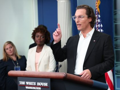 WASHINGTON, DC - JUNE 07: After meeting with President Joe Biden, actor Matthew McConaughey joins White House Press Secretary Karine Jean-Pierre during the daily news conference in the Brady Press Briefing Room at the White House on June 07, 2022 in Washington, DC. McConaughey, a native of Uvalde, Texas, expressed …