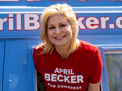 UNITED STATES - MAY 29: Republican candidate for U.S. Congress April Becker poses in the window of her campaign van, a converted ice cream truck, in Las Vegas, Nev. on Sunday, May 29, 2022. (Bill Clark/CQ-Roll Call, Inc via Getty Images)