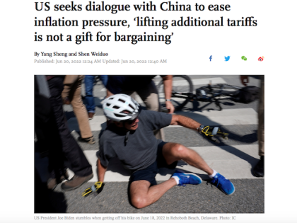 Global Times uses photo of President Joe Biden falling off a bicycle to illustrate story on tariffs, June 20, 2022.