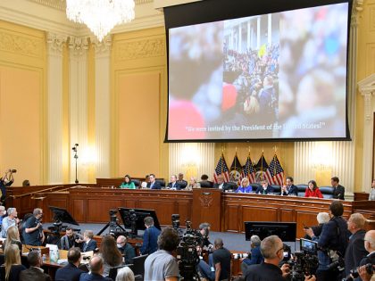 WASHINGTON, DC - JUNE 09: An image is displayed during a hearing by the Select Committee to Investigate the January 6th Attack on Capitol Hill on June 9, 2022 in Washington, DC. The bipartisan committee, which has been gathering evidence related to the January 6 attack at the U.S. Capitol …