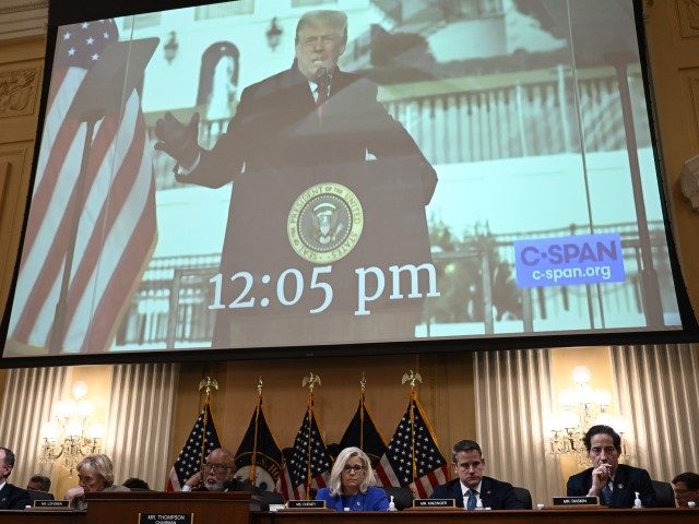 A screen shows former US President Donald Trump speaking on January 6, 2021, during a Hous