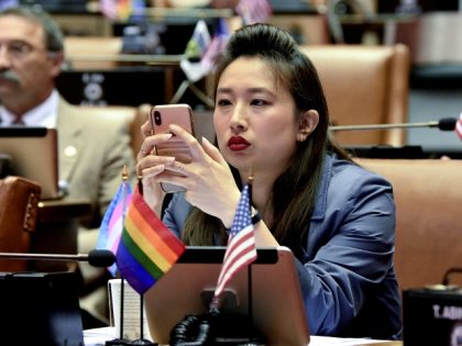 New York Assemblywoman Yuh-Line Niou, D-New York, checks her phone while waiting for the start of a legislative session in the Assembly Chamber at the state Capitol, Thursday, June 20, 2019, in Albany, N.Y. (AP Photo/Hans Pennink)