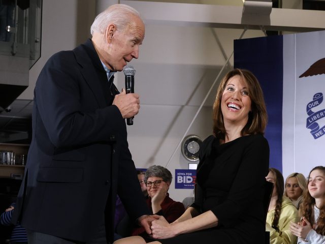 ANKENY, IOWA - JANUARY 25: Democratic presidential candidate former Vice President Joe Biden (L) is joined by Rep. Cindy Axne (D-IA) during a town hall meeting inside the John Deere Exhibition Hall at the FFA Enrichment Center January 25, 2020 in Ankeny, Iowa. While three of the top-polling Democratic presidential …