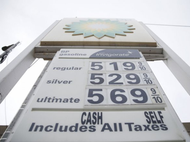 Gas sells for well over $5 per gallon at a station in Manhattan in New York City on Monday